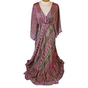 Celina Boho Maxi Womens Dress OSFM Silk Blend Paisley Magenta Wedding Guest